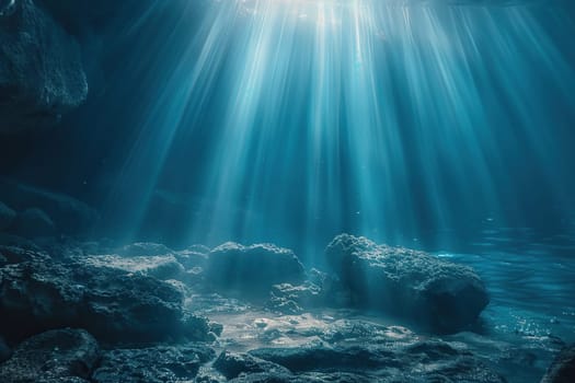 A long bright beam of light illuminates the sea. The sun's rays underwater illuminate the seabed.