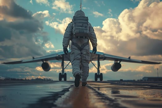 Rear view of a military pilot walking towards an airplane on a cloudy day.