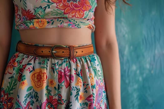 Close-up of a woman's body in a summer top and skirt with a floral print. Summer background
