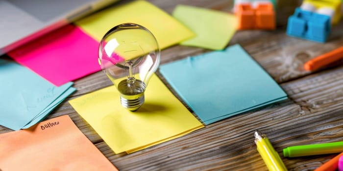 A light bulb surrounded by colorful sticky notes and pens in a desk.Encourage creativity and brainstorming concepts.