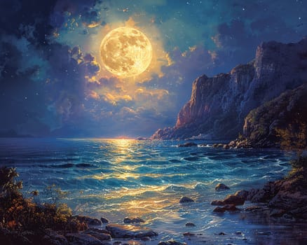 A full moon rising over a tranquil sea, evoking mystery and the beauty of the night.