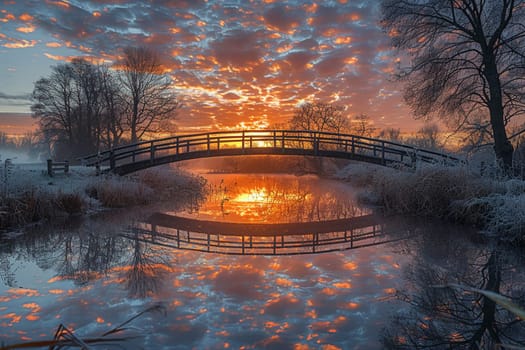 A bridge spanning a tranquil river at sunrise, connecting two shores and symbolizing passage.