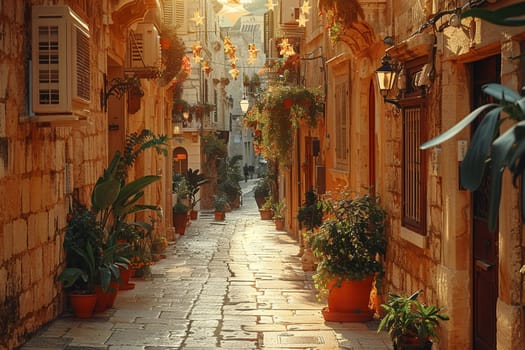 A narrow alley bathed in warm sunlight, flanked by historic buildings, evoking curiosity and exploration.