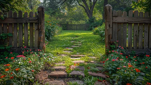 A rustic gate leading into a secret garden, inviting mystery and discovery.