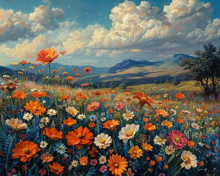 A field blanketed in wildflowers, bursting with color, symbolizing growth and vitality.