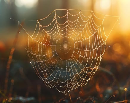 A dew-covered spider web in the early morning light, symbolizing the interconnectedness of life.