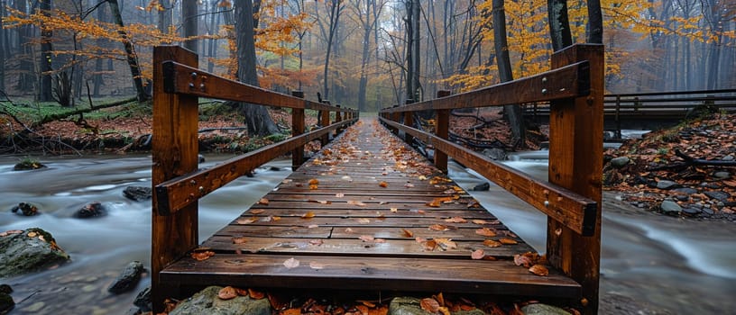 A rustic wooden bridge over a forest stream, evoking adventure and exploration.