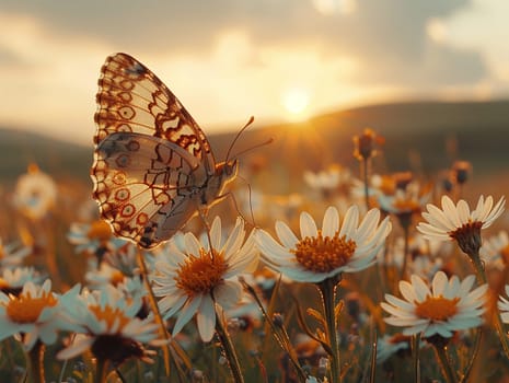 Close-up of a butterfly resting on a wildflower, symbolizing delicacy and nature's cycles.