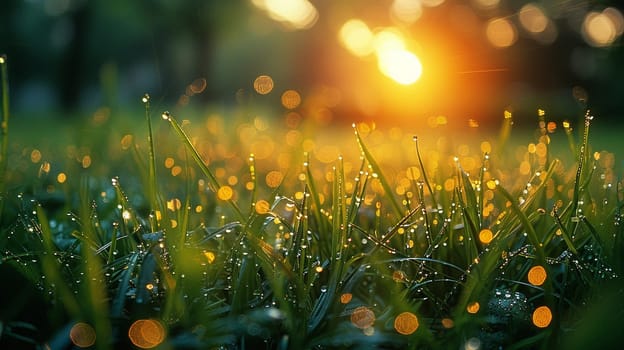 Close-up of dewy grass sparkling in the morning sun, highlighting the beauty of the ordinary.