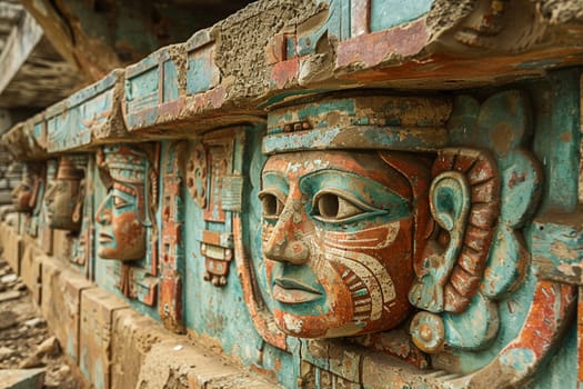 Fading murals on an ancient temple wall, representing culture and historical themes.