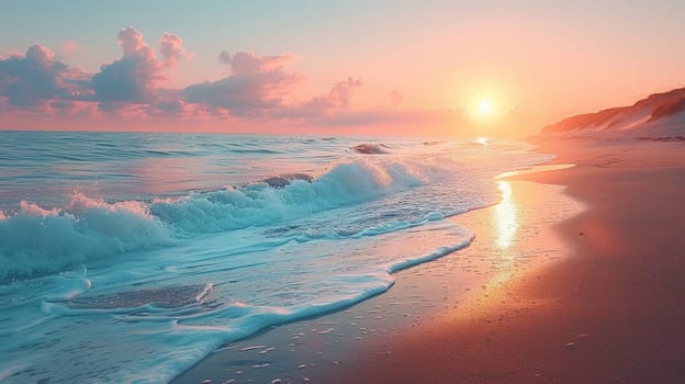 Gentle waves lapping at a sandy beach under a pastel sunset, evoking calm and relaxation.