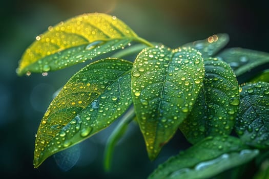 Glistening dew on fresh green leaves, evoking morning freshness and nature's awakening.