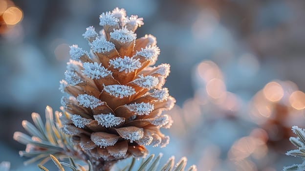 Macro shot of frost on a pine cone, showcasing winter's intricate details.