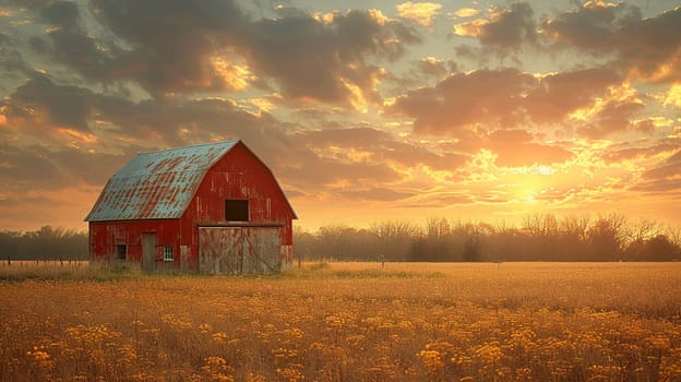 Rustic barn in a golden field at sunset, suitable for country living and agricultural themes.