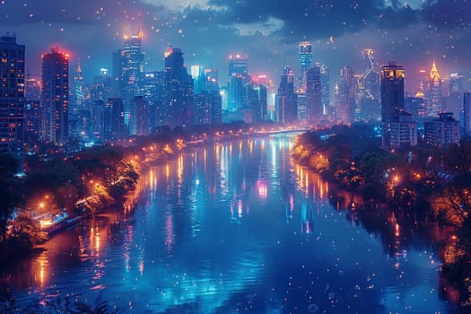 Shimmering city lights reflecting on a river at night, illustrating urban beauty and stillness.