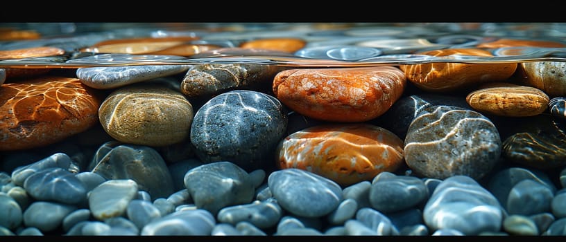 Smooth pebbles under clear stream water, for peaceful and zen-like designs.