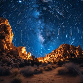 Stars trailing in the night sky over a silent desert, illustrating the passage of time.