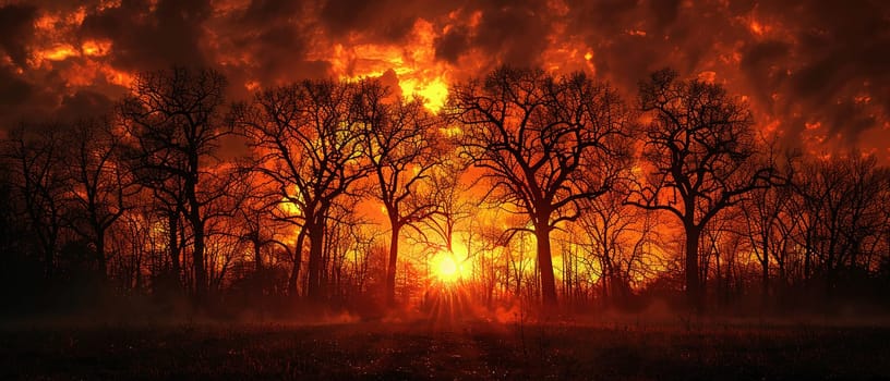 The fiery glow of a sunset behind a silhouette of trees, capturing the end of a day.
