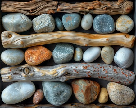 The contrasting textures of smooth pebbles and rough driftwood on a beach, showcasing natural diversity.