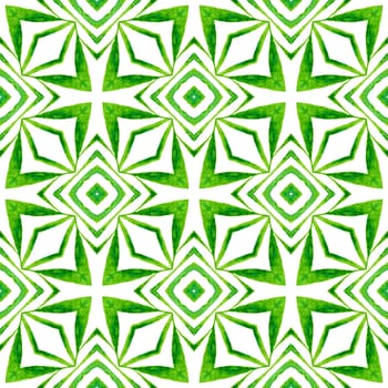 Watercolor ikat repeating tile border. Green delightful boho chic summer design. Textile ready bizarre print, swimwear fabric, wallpaper, wrapping. Ikat repeating swimwear design.