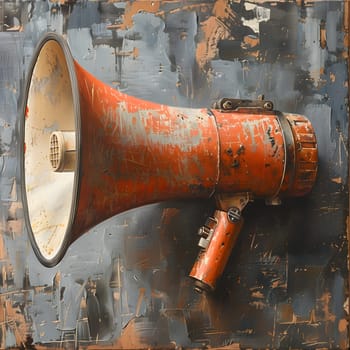 A rusty metal megaphone, resembling a wind instrument, is resting on a wooden wall. It looks like a unique piece at a musical event
