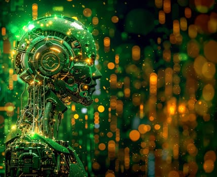 AI robot head, with detailed cyberpunk backdrop in green