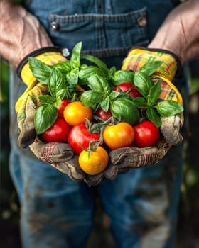Man wearing gloves holding freshly picked tomatoes and basil in his hands.