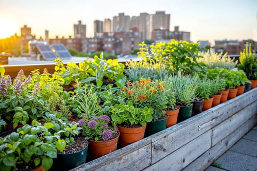 Urban rooftop garden with solar panels and container plants at sunset