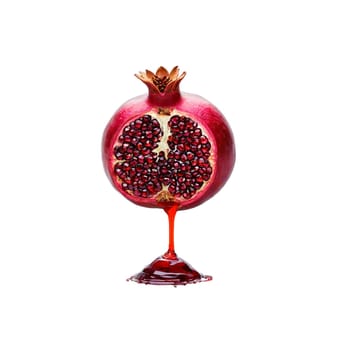 Pomegranate with ruby seeds and juice burst scattering in air Food and culinary concept. Food isolated on transparent background.
