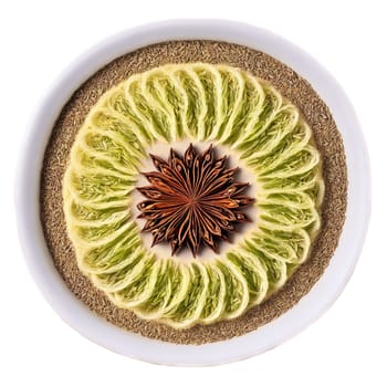 Licorice spices mandala a circular pattern of fennel seeds anise seeds and star anise. Food isolated on transparent background.