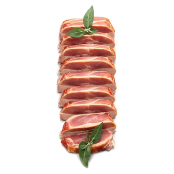 Pork tenderloin stuffed and uncooked with prosciutto and sage leaves swirling in an Italian inspired. Food isolated on transparent background.