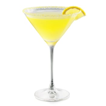 Lemon Drop glass small and stemmed containing a tart pale yellow vodka and lemon cocktail. Drink isolated on transparent background