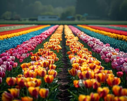 A vibrant tapestry of tulip fields from above, displaying nature's colors in full bloom.