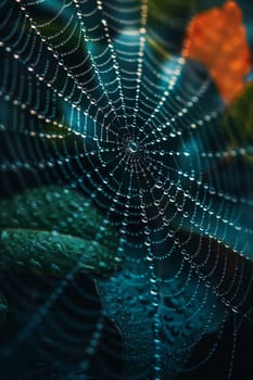 Close-up of water droplets on a spider web, illustrating nature's delicate balance.