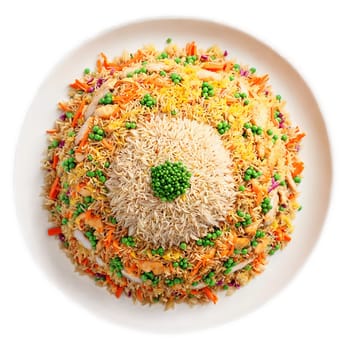 Chicken Fried Rice Mandala colorful fried rice with tender chicken peas and carrots layered in. Food isolated on transparent background.