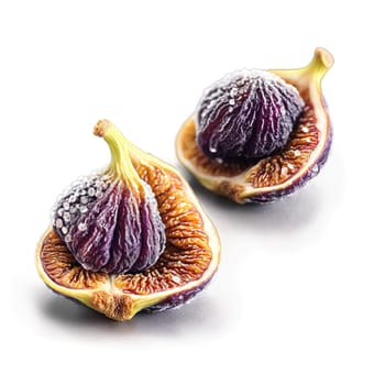 Dried figs deep purple with a dusting of sugar crystals twirling elegantly as if caught. Food isolated on transparent background.