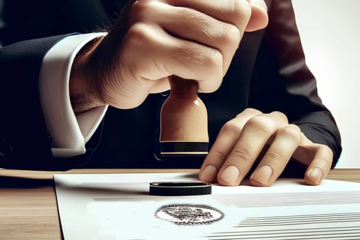 close-up of a man's hand in a business suit sealing a contract.