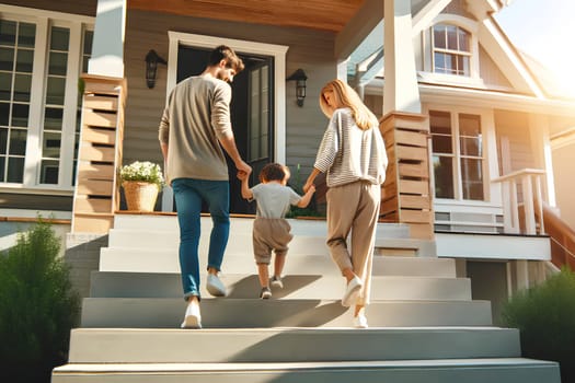 a young family, a man, a woman and a child, climbing the steps of the porch to a new house.