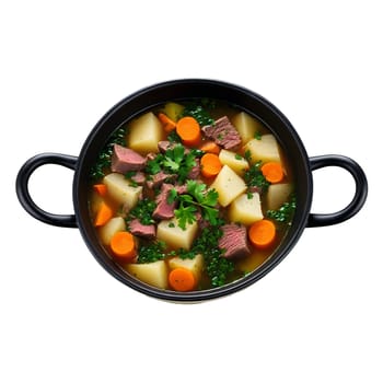 Beef and vegetable soup a hearty broth with tender chunks of beef diced potatoes and. Food isolated on transparent background
