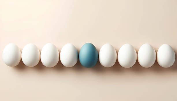 white eggs in a row, one of which is blue, on a light beige background, sexual minorities concept.