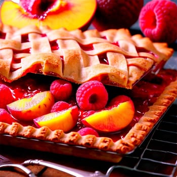 Peach raspberry slab pie mixed fruit filling peeking through lattice juices bubbling Food and Culinary. Food isolated on transparent background.