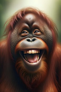 Vertical portrait of a joyful laughing orangutan on a natural background.