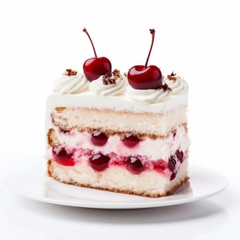 Tasty Fruit Pie Slice on White Background. Fruit Tart with Fresh Fruits and Berries: Cherry, Walnut.