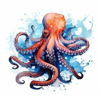 Giant pacific octopus. Watercolor ocean creature illustration isolated on a white background. Cute underwater tentacles monster.