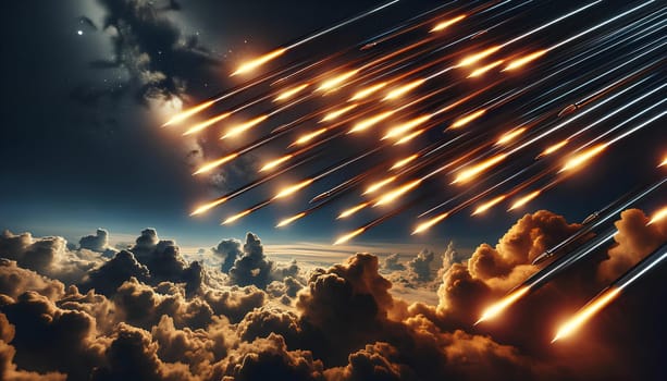 tracer bullets flying into the clouds at night, dark night sky with clouds illuminated by a glowing trail.