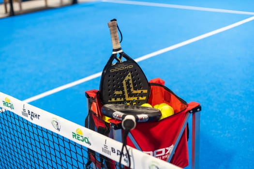 Kyiv, Ukraine. March 22, 2024, Paddle tennis rackets on the court. High quality photo