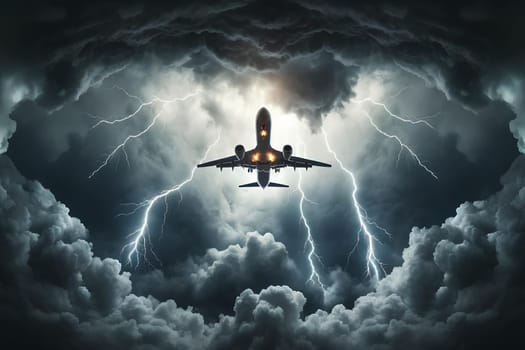 airplane with burning lights flying through a thunderstorm.