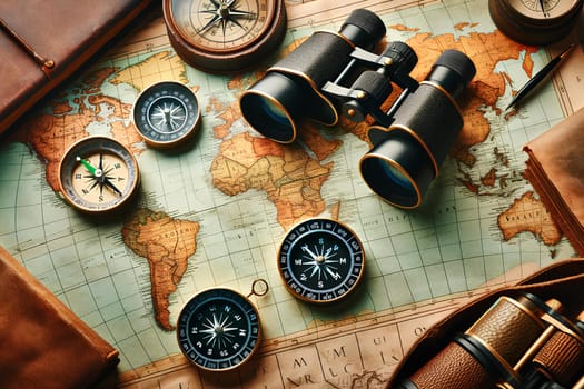 Horizontal geographical background with map, compass and binoculars.