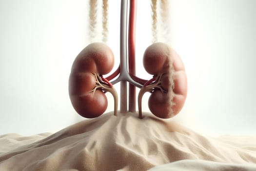 sand pours onto human kidneys lying on the sand, on a white background, urolithiasis.