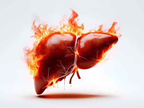 close-up of a human liver engulfed in flames on a white background.